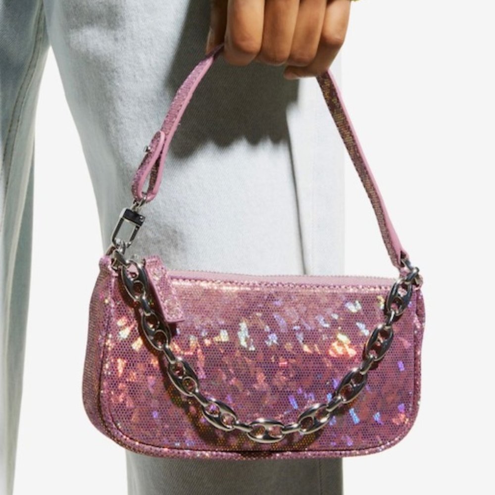 BY FAR Rachel Disco Violet Mini Hologram Leather Top Handle Bag